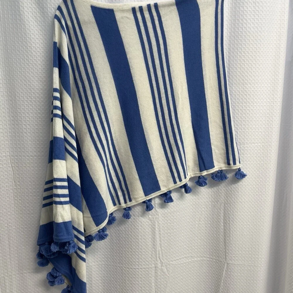 Caroline Grace Women’s‎ Blue & White Stripe Tasseled Cashmere Blend Poncho
